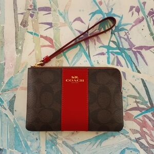 NWT Coach Wristlet In Signature Canvas - Brown With Red Trim & Zip